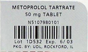 This is a picture shows the bar-code on the single-use packet of a 50mg tablet of metorprolol tartrate.
